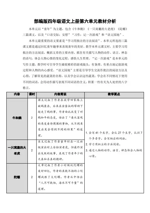 最新部编版四年级语文上册第六单元教材分析