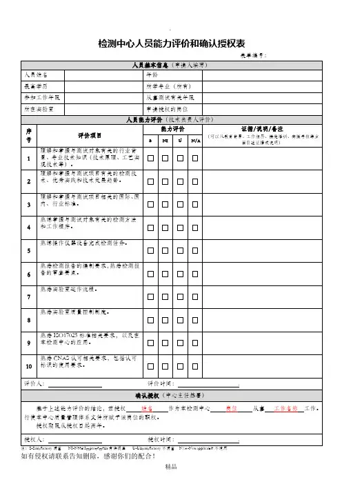 检测中心人员能力评价和确认授权表 2