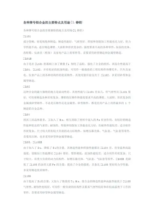 各种牌号铝合金的主要特点及用途