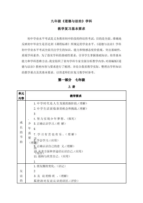 九年级道德与法治复习要求