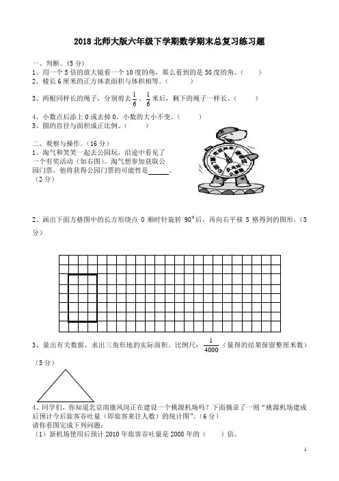2018北师大版六年级下学期数学期末总复习练习题