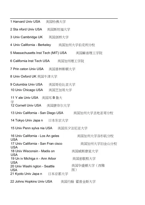 世界百强大学美国各州名称
