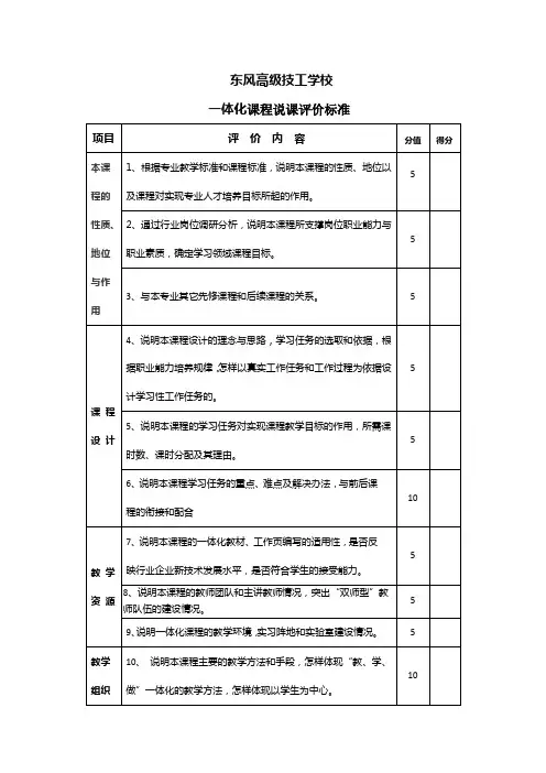 一体化课程说课评价标准