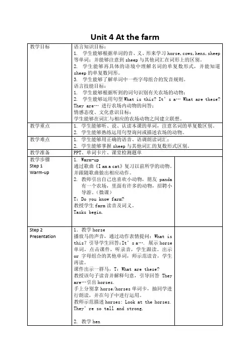 PEP小学英语四年级下册 Unit 4 At the farm教学设计