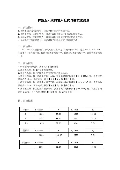 实验五天线的输入阻抗与驻波比测量