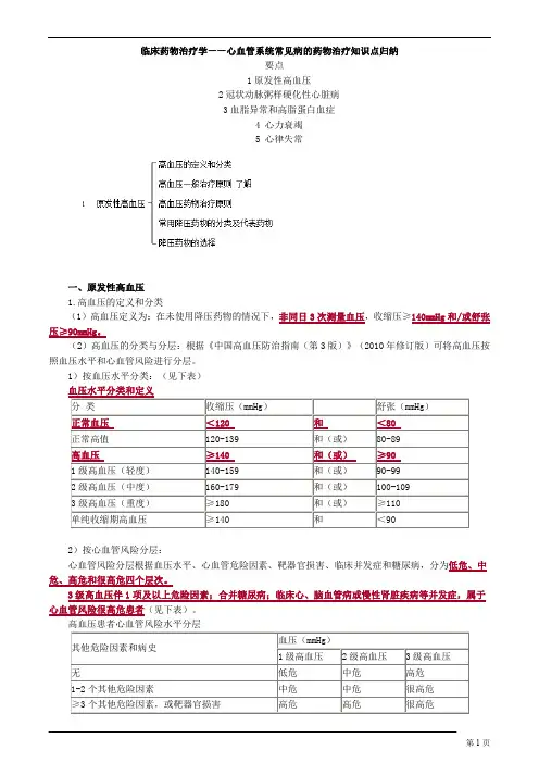 临床药物治疗学——心血管系统常见病的药物治疗知识点归纳 