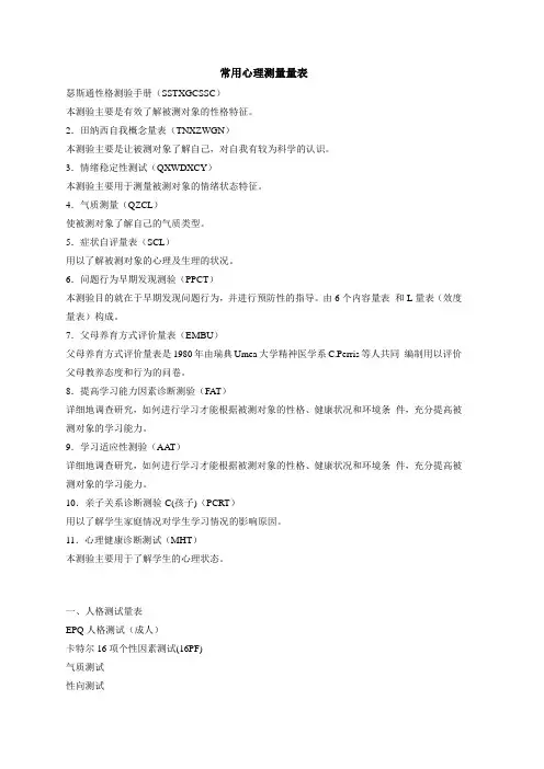 常用心理测量量表
