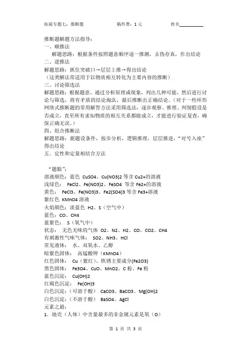 高中自主招生化学专题推断题