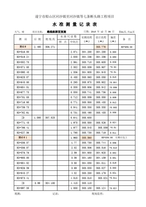 水准测量记录表(纵断面复测)