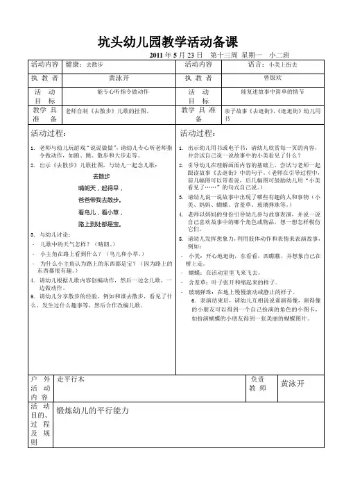 坑头幼儿园2011学年第二学期小二班备课,第13周星期一