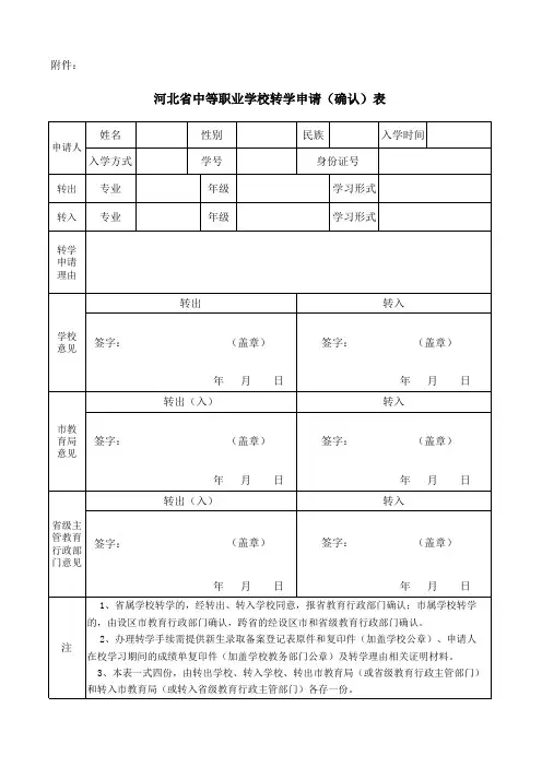 中职学校转学申请确认表