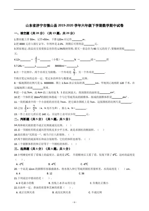 山东省济宁市微山县2019-2020学年六年级下学期数学期中试卷