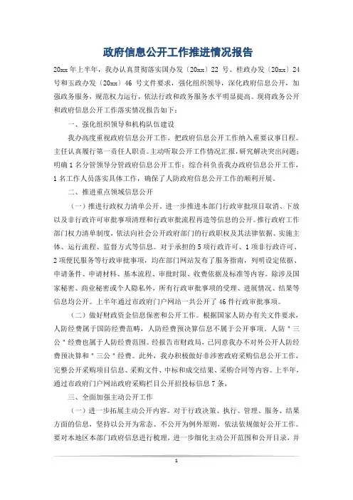 政府信息公开工作推进情况报告