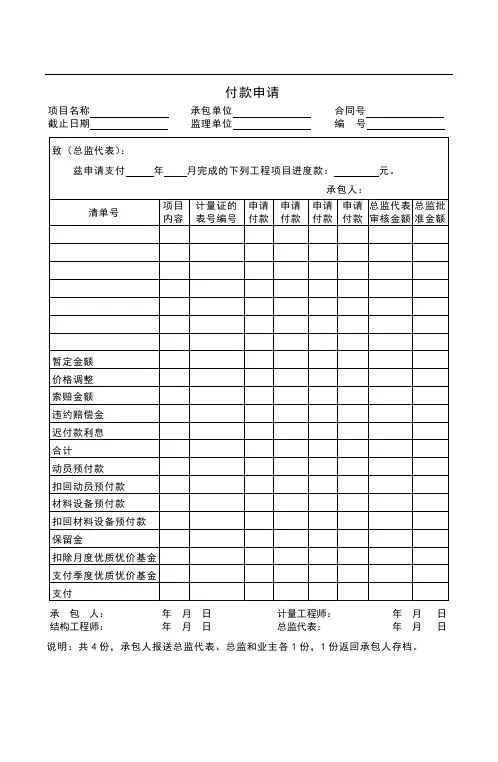 工程进度款付款申请(合同管理表格)