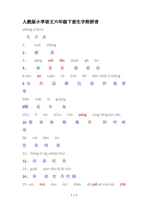 人教版小学语文六年级下册生字附拼音