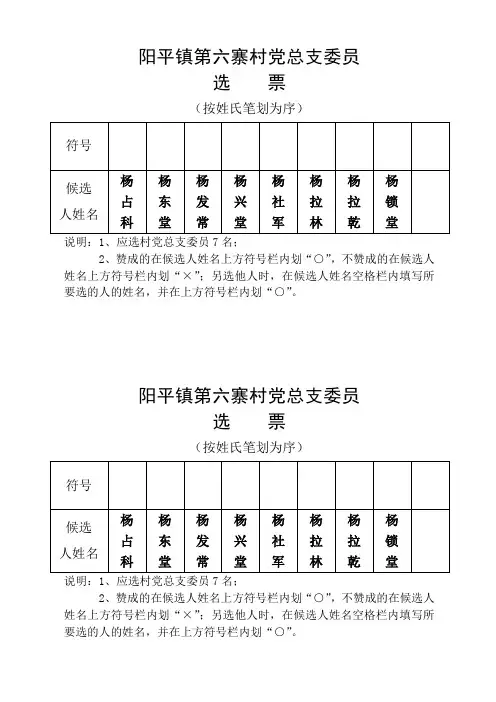 东港村党支部委员选票
