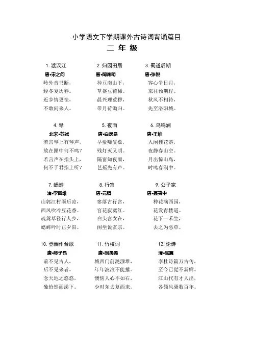 小学语文下学期课外古诗词背诵篇目(二年级)