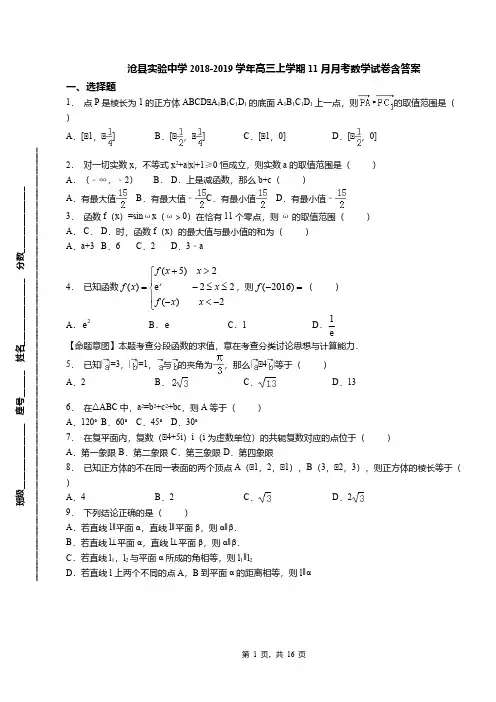 沧县实验中学2018-2019学年高三上学期11月月考数学试卷含答案