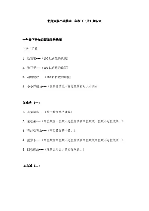 北师大版小学数学一年级(上下册)知识点