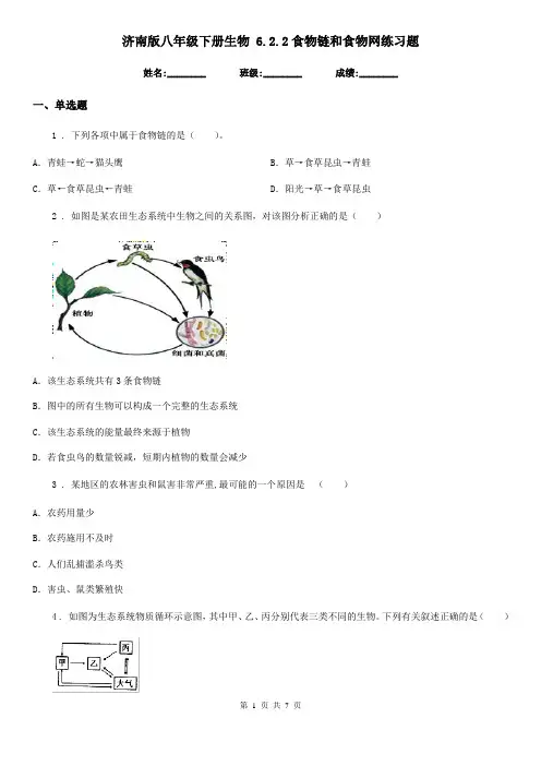 济南版八年级下册生物 6.2.2食物链和食物网练习题