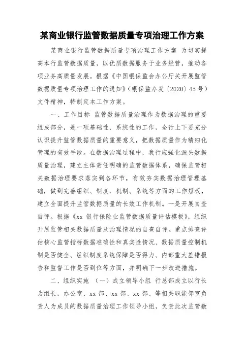 某商业银行监管数据质量专项治理工作方案
