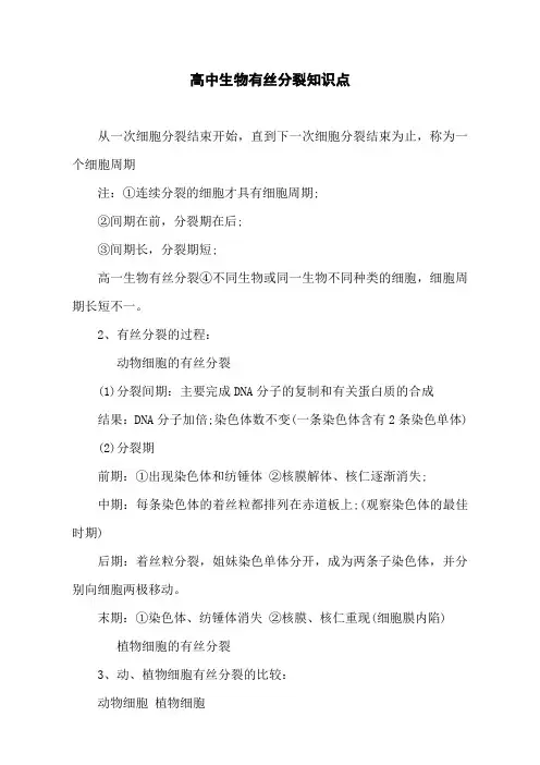 高中生物有丝分裂知识点