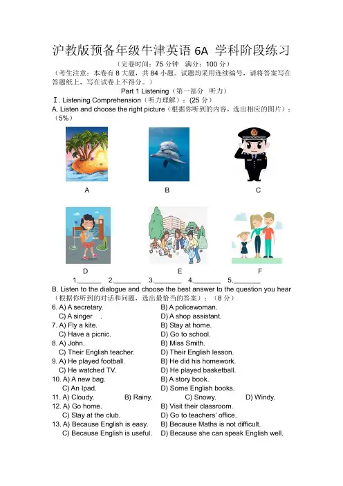 沪教版预备年级牛津英语6A 学科阶段练习(附答案)