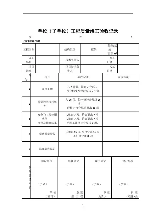 单位工程施工质量验收记录 竣工统表