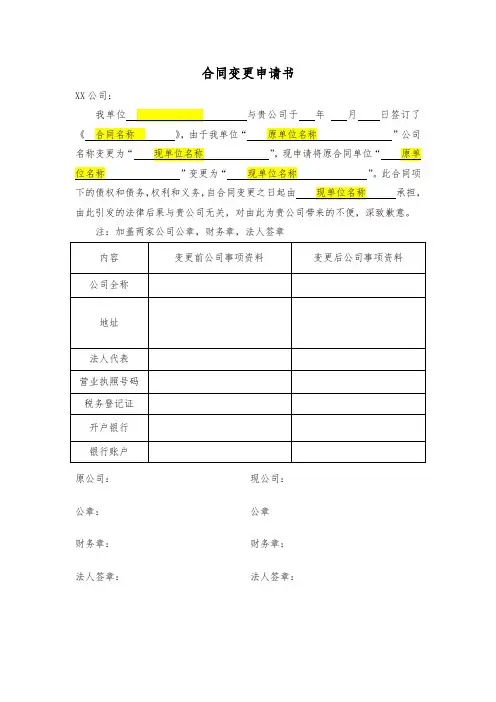 最新合同变更申请书