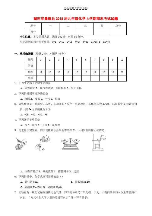 2018届九年级化学上学期期末考试试题新人教版