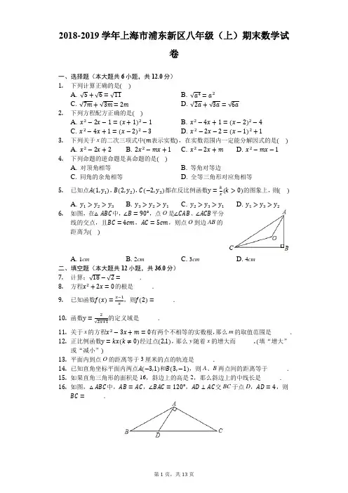 2018-2019学年上海市浦东新区八年级(上)期末数学试卷-解析版