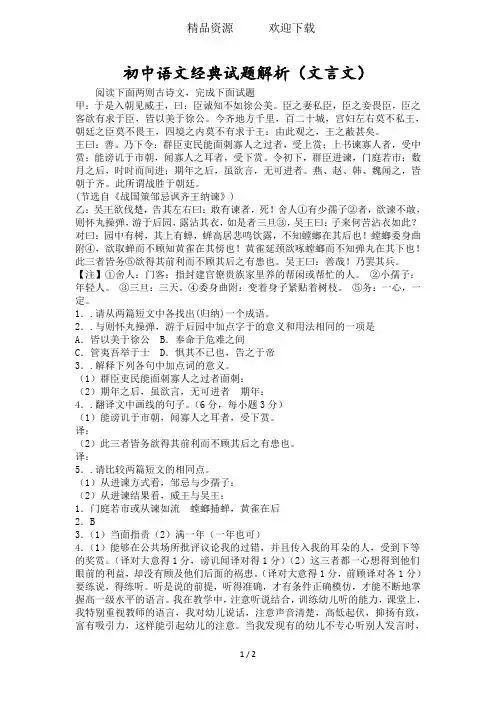初中语文经典试题解析(文言文)