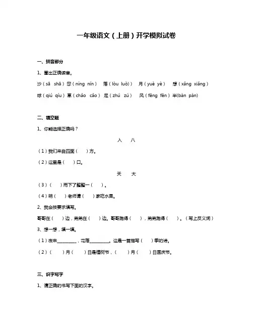 一年级语文入学摸底测试卷(一)