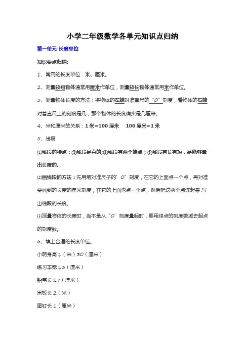 小学二年级数学各单元知识点归纳