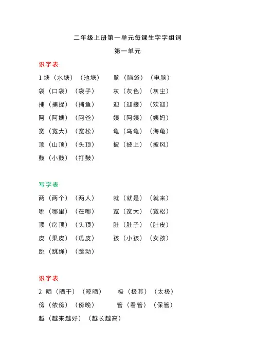 语文二年级上册第一单元生字扩词+看拼音写词语+生字注音