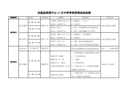 双流县研培中心11月中学学科研培活动安排