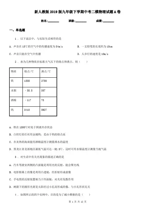 新人教版2019版九年级下学期中考二模物理试题A卷(模拟)