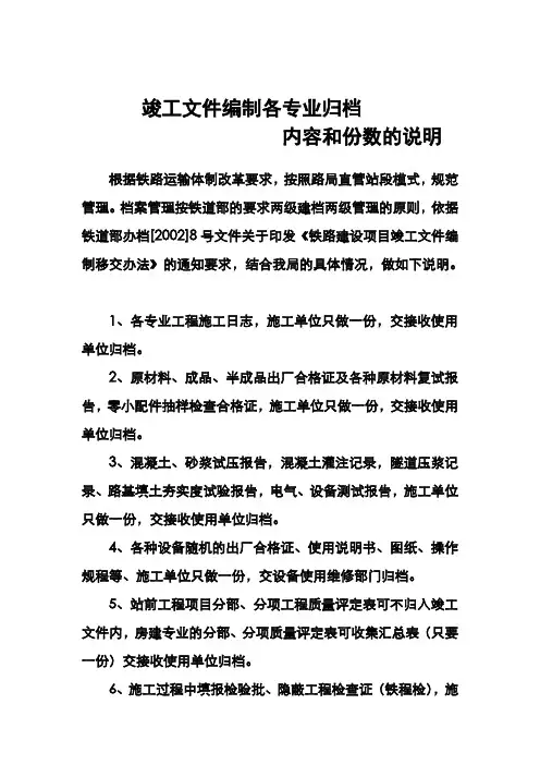 竣工文件编制各专业归档内容和份数