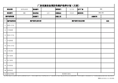 设施设备预防性维护保养计划书