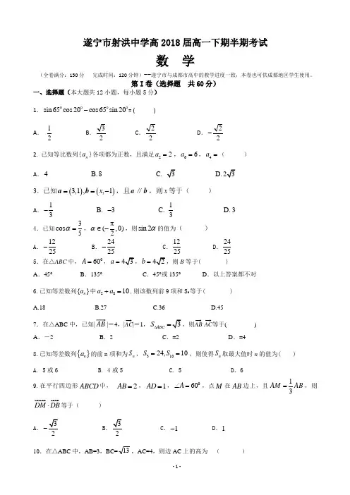 四川省遂宁市射洪中学2015-2016学年高一下学期期中考试 数学 Word版