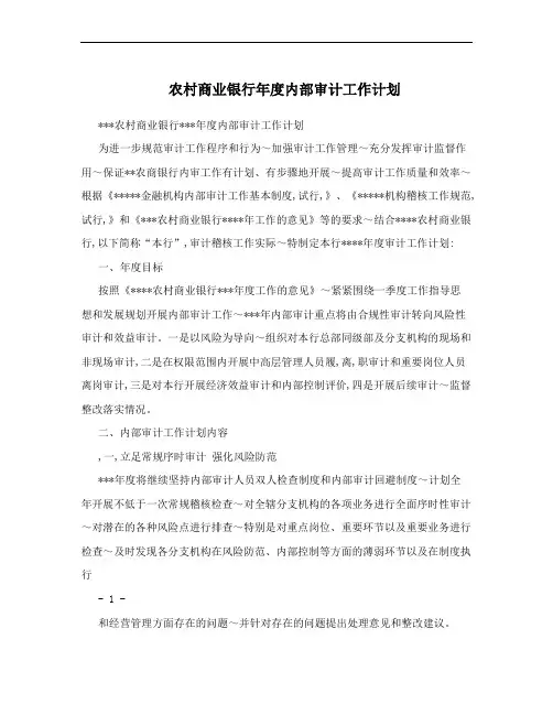 农村商业银行年度内部审计工作计划
