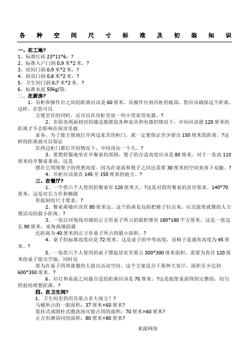 各种空间尺寸标准
