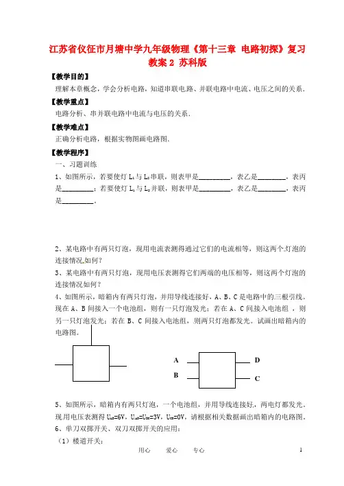 江苏省仪征市月塘中学九年级物理《第十三章 电路初探》复习教案2 苏科版