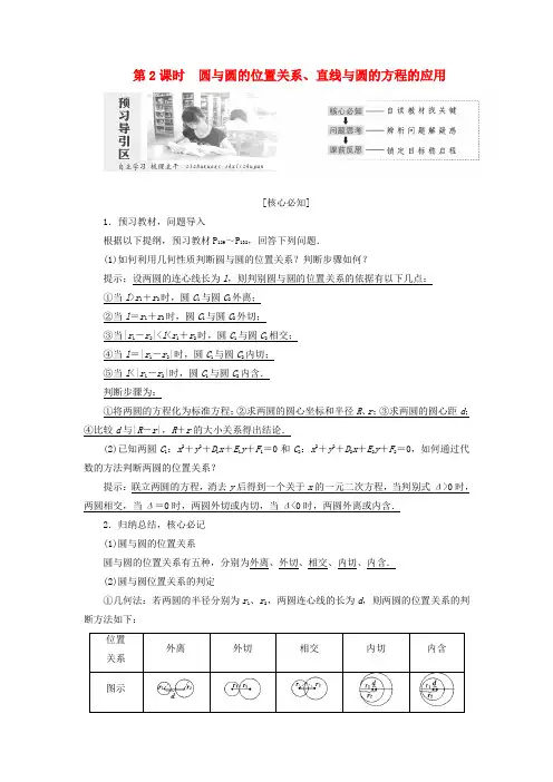 2019高中数学第四章圆与方程4.2直线、圆的位置关系(第2课时)圆与圆的位置关系、直线与圆的方程的应用讲义