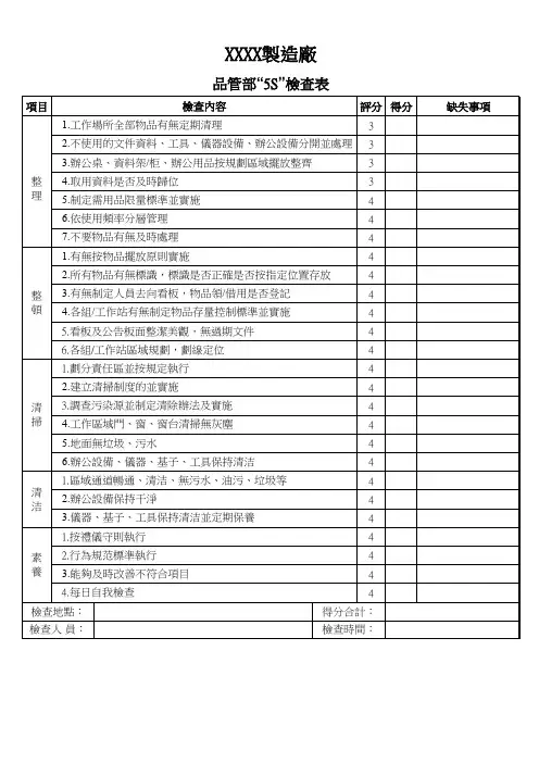 QC部5S标准及检查表