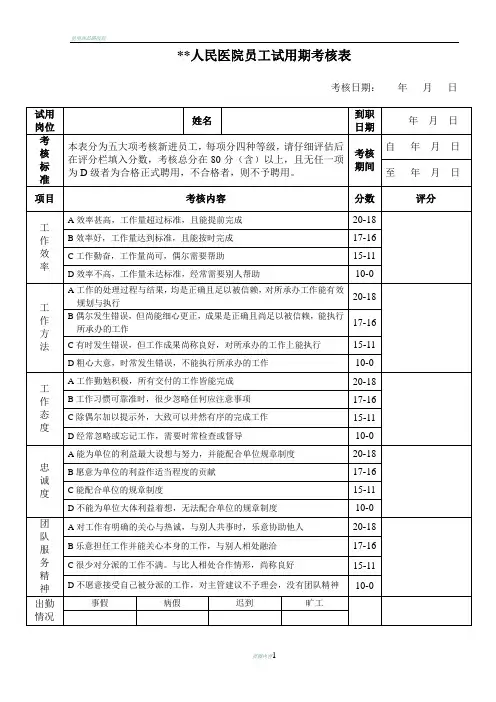 医院员工试用期转正考核表