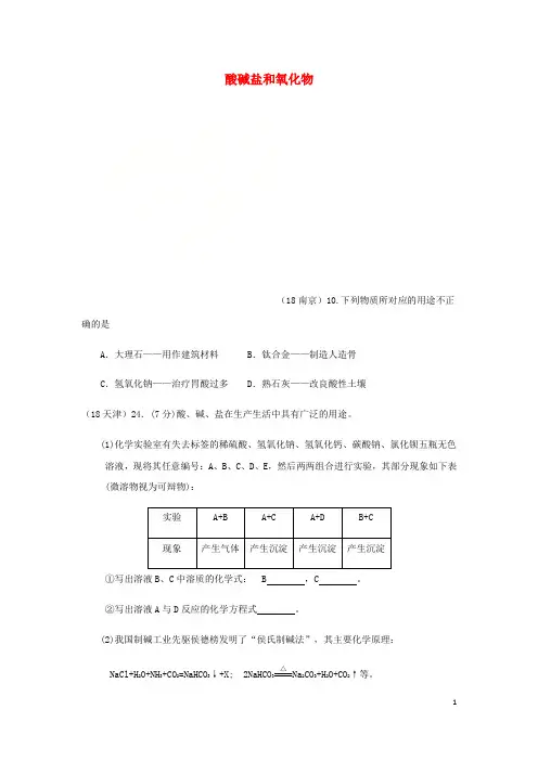 2019年中考化学真题分类汇编 2 我们身边的物质 考点14 酸碱盐和氧化物 5具体物质 物质的用途(无答案)