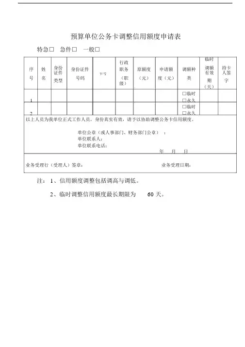 预算单位公务卡调整信用额度申请表.doc