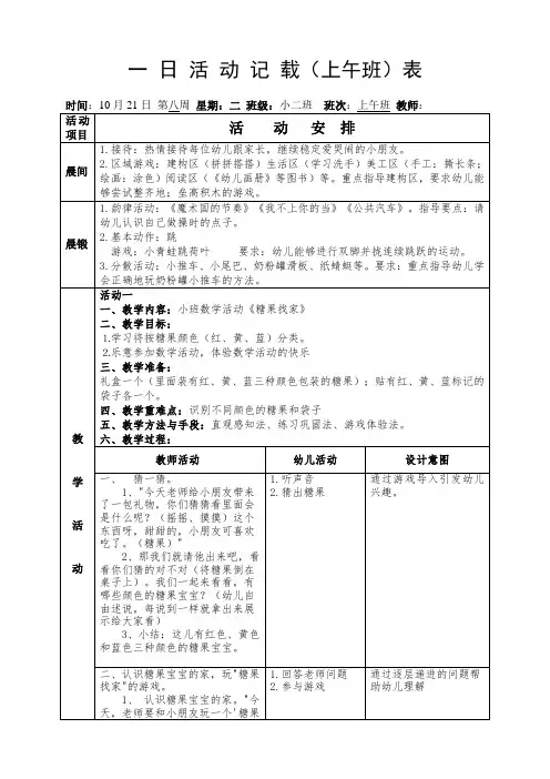 幼儿园小班上学期第八周 上午备课