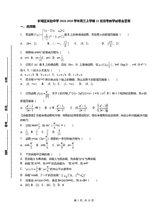 芗城区实验中学2018-2019学年高三上学期11月月考数学试卷含答案